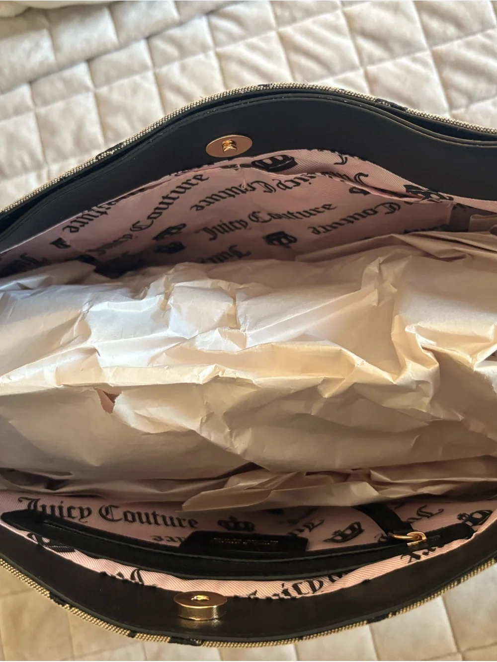 Juicy Couture Black & Beige Logo Shoulder Bag with Gold Chain Straps